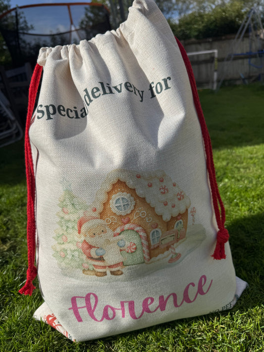 Personalised Santa sack - Santa/ gingerbread house