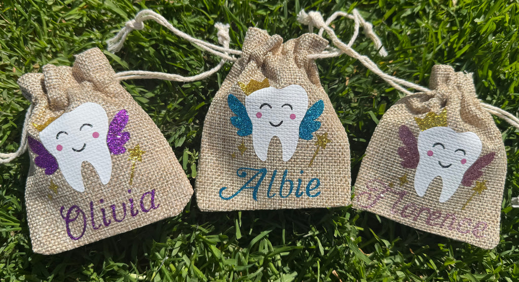 personalised glitter tooth fairy bag and foiled letter