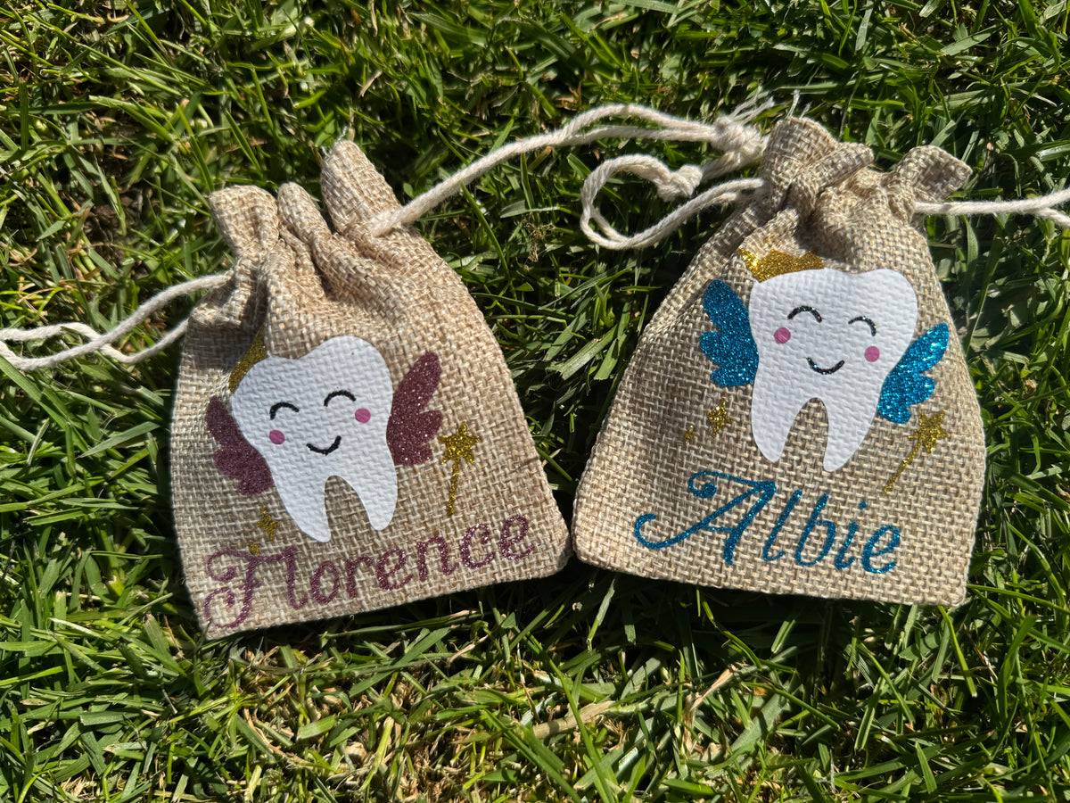 personalised glitter tooth fairy bag and foiled letter