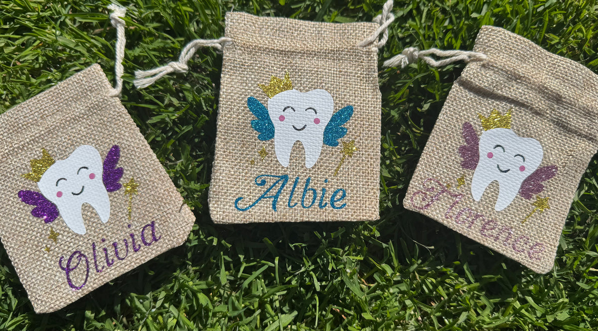 personalised glitter tooth fairy bag and foiled letter